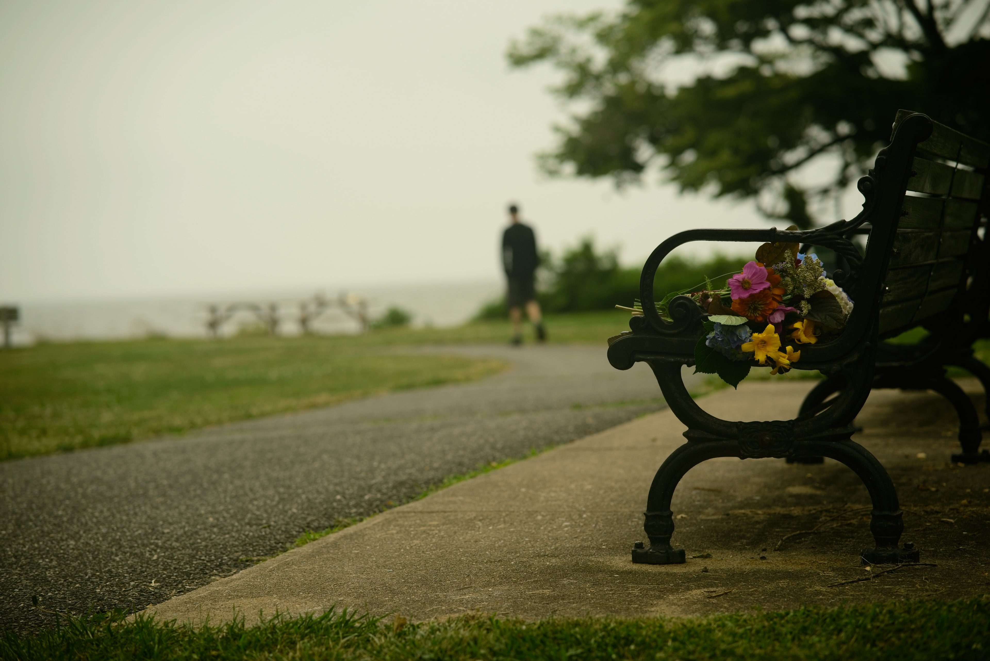 Flowers left on a park bench with a lone figure walking toward the water on a gray day