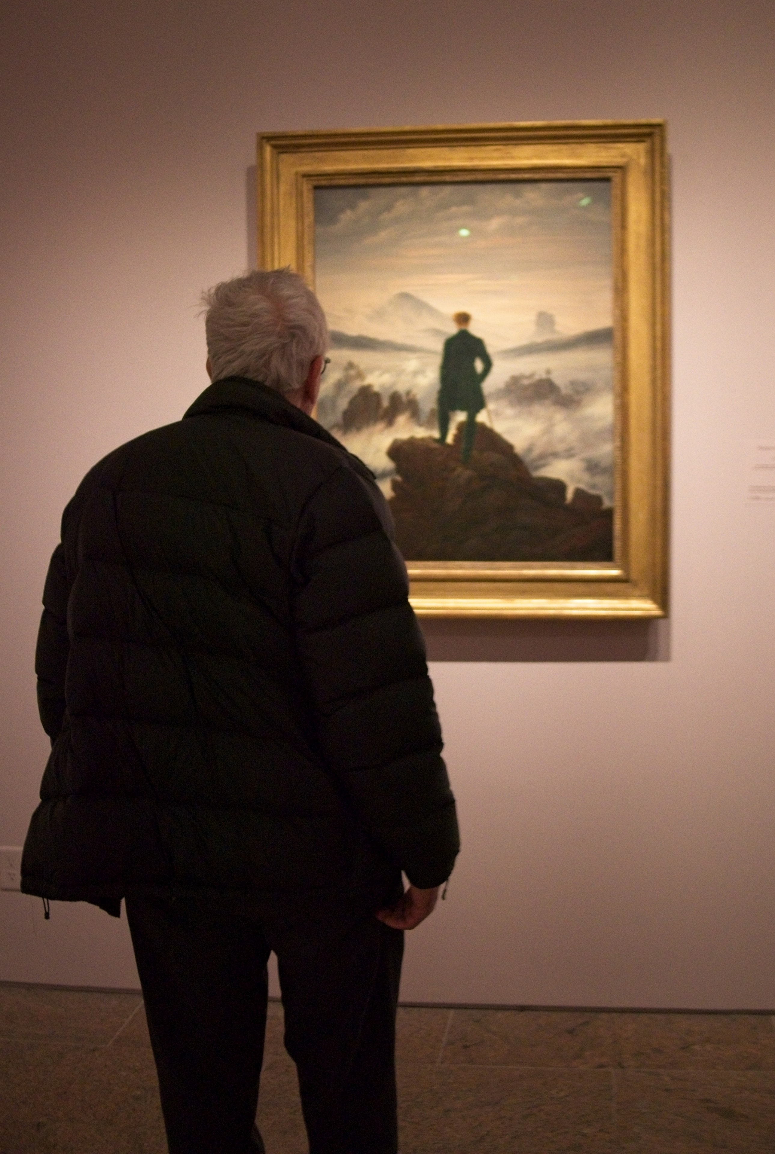Man viewed from behind contemplates Caspar David Friedrich's Wanderer Above the Sea of Fog in a museum gallery